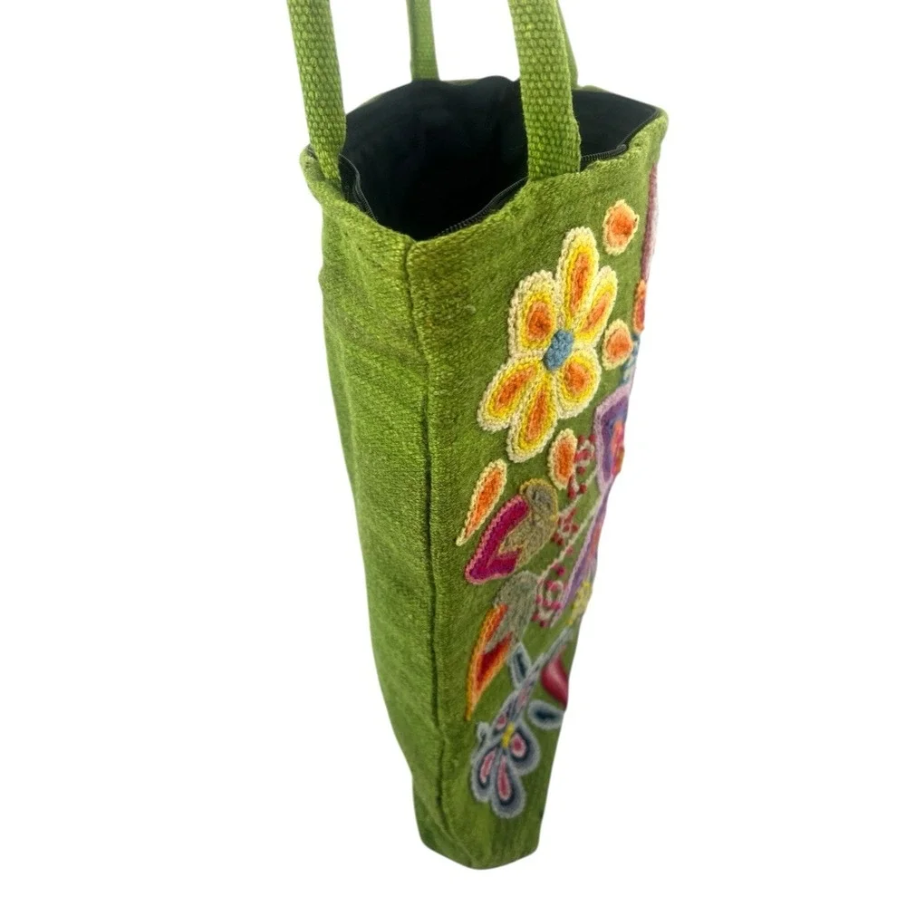 handmade Peruvian floral embroidered woven wool tote lime greenb 13x14 - Picture 3 of 12